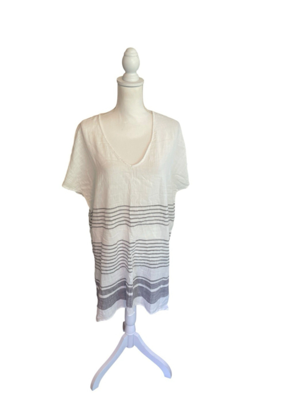 Kona Sol Womens White V-Neck Cap Sleeve Stripped Cover Up T Shirt Dress Size L
